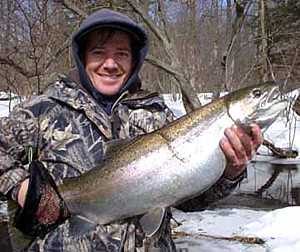 Winter February Steelhead fishing in Pulaski NY. The steelhead rewards were many with Todd’s biggest fish being this 16 lb. Fatty Salmon River Steelhead!